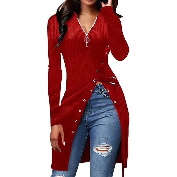 CaniBtr Womens Long Sleeve Side Split Tunic Tops Asymmetric